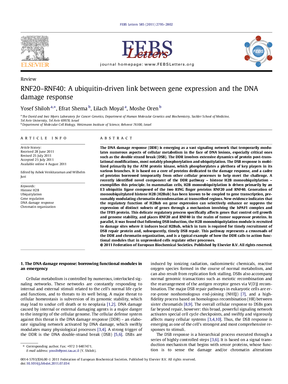 RNF20-RNF40: A ubiquitin-driven link between gene expression and the DNA damage response