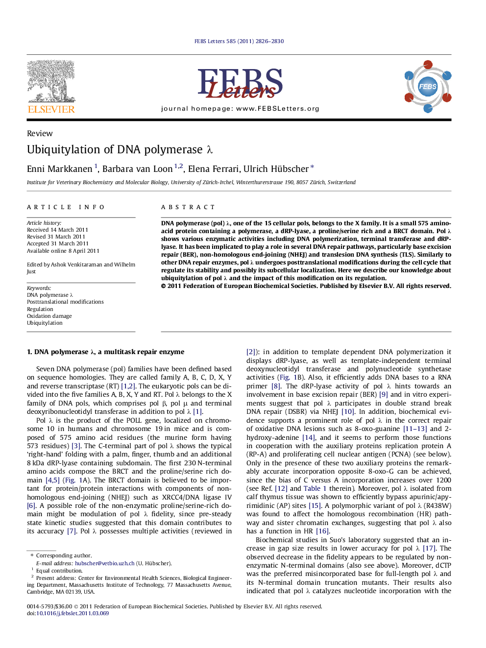 Ubiquitylation of DNA polymerase Î»