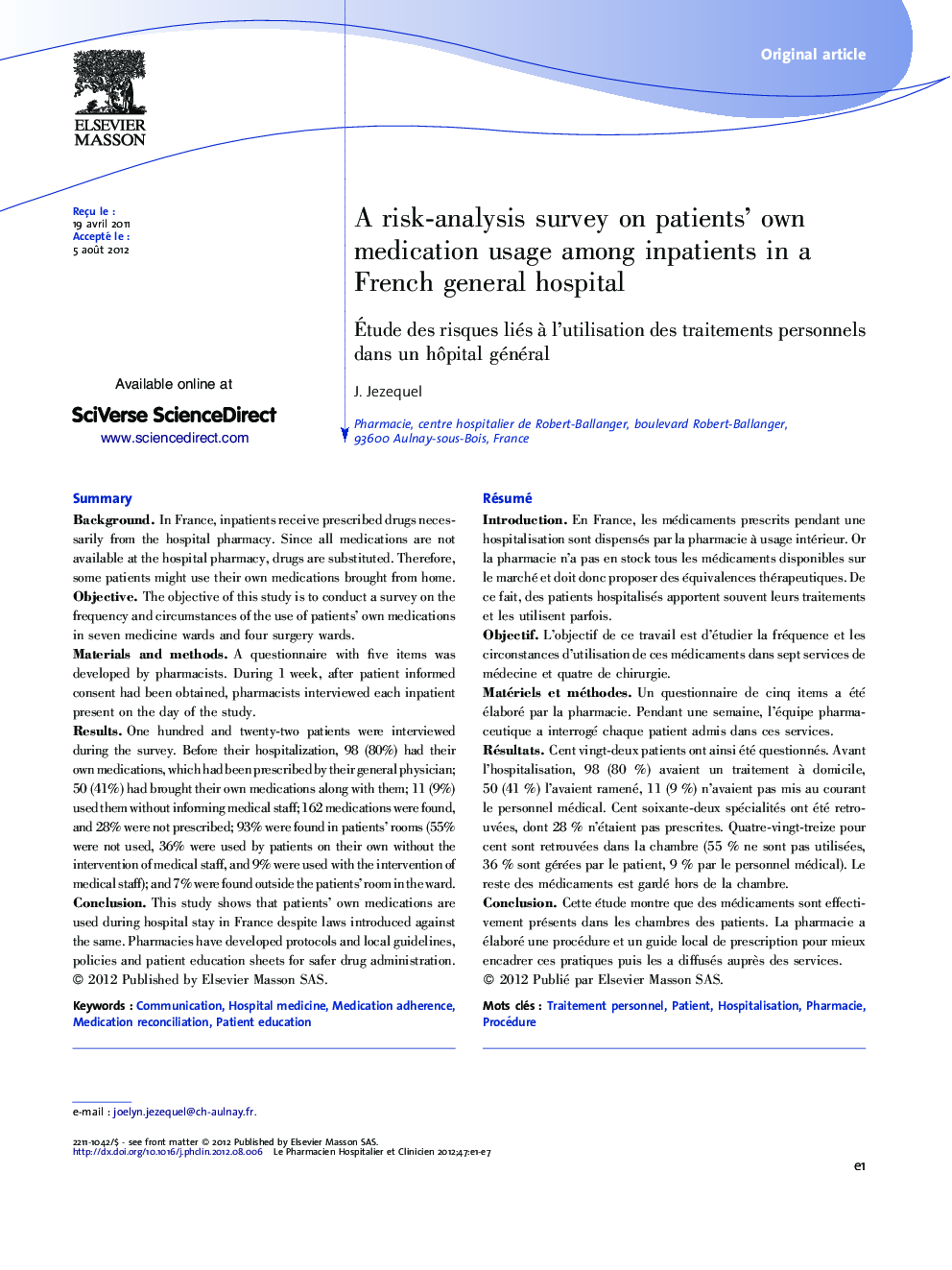 A risk-analysis survey on patients' own medication usage among inpatients in a French general hospital