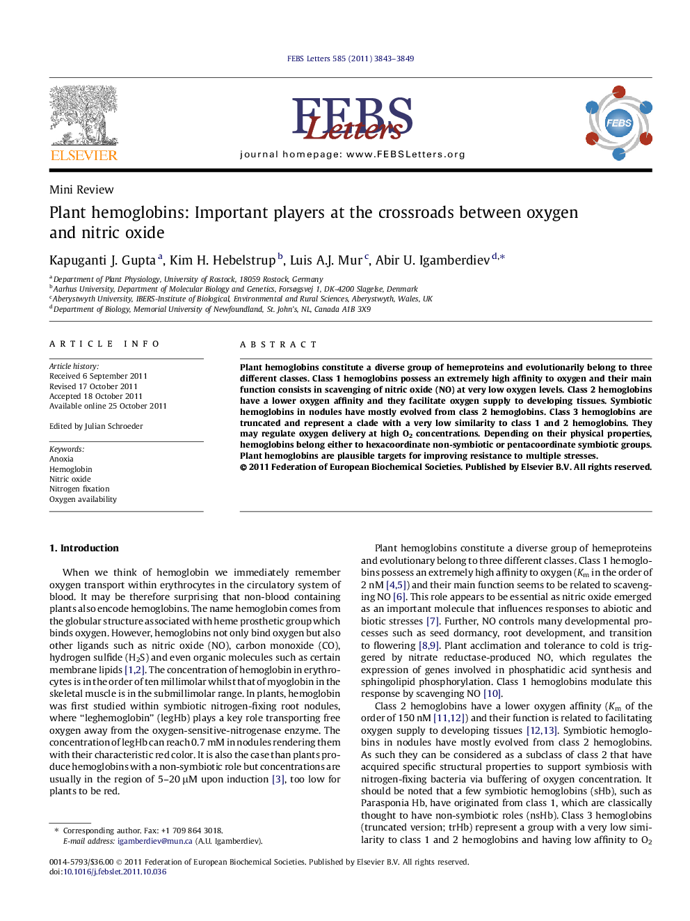 Plant hemoglobins: Important players at the crossroads between oxygen and nitric oxide