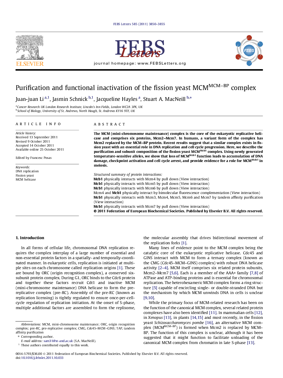 Purification and functional inactivation of the fission yeast MCMMCM-BP complex