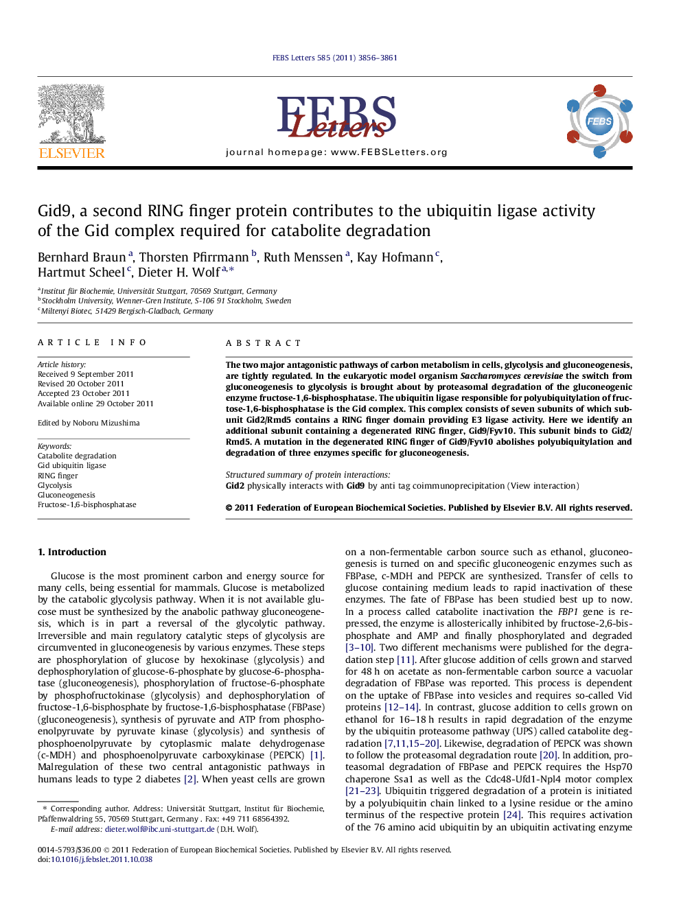 Gid9, a second RING finger protein contributes to the ubiquitin ligase activity of the Gid complex required for catabolite degradation