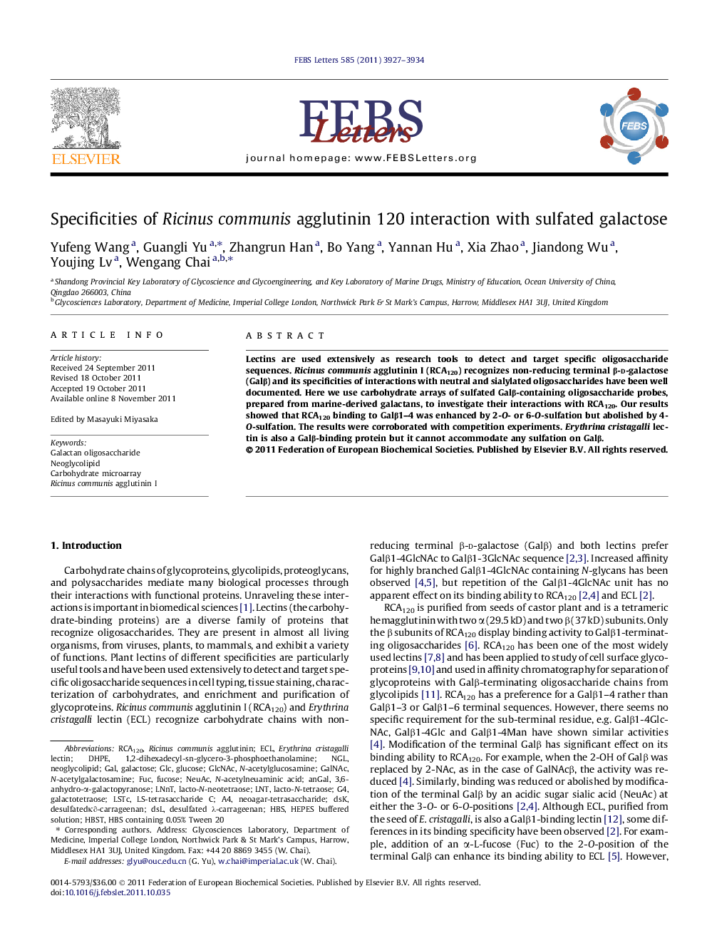 Specificities of Ricinus communis agglutinin 120 interaction with sulfated galactose