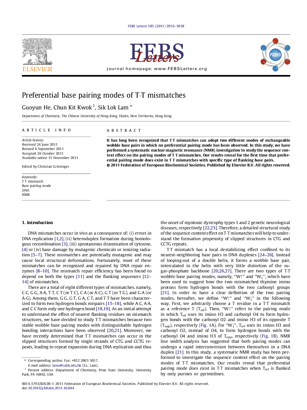 Preferential base pairing modes of TÂ·T mismatches
