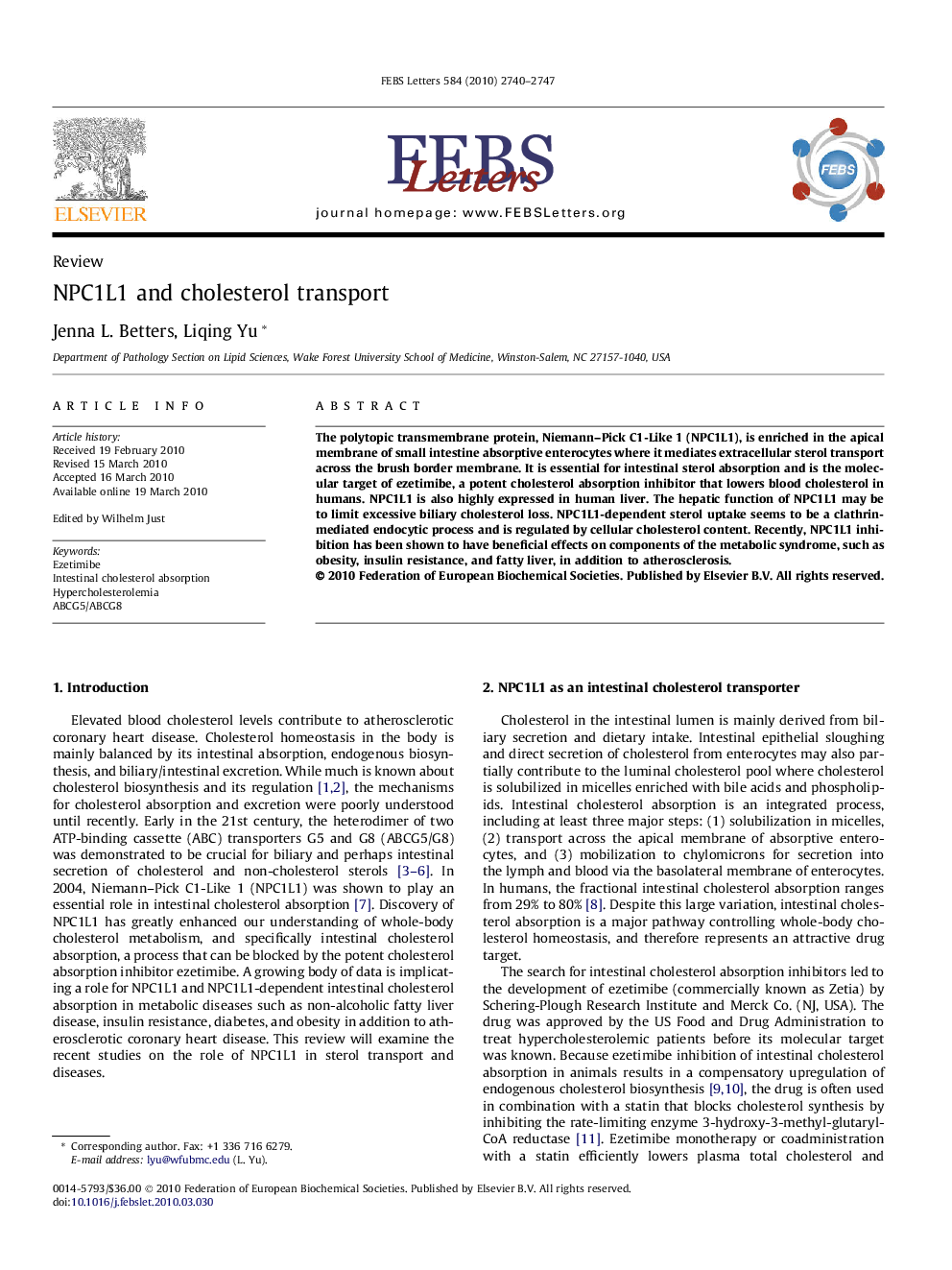 NPC1L1 and cholesterol transport