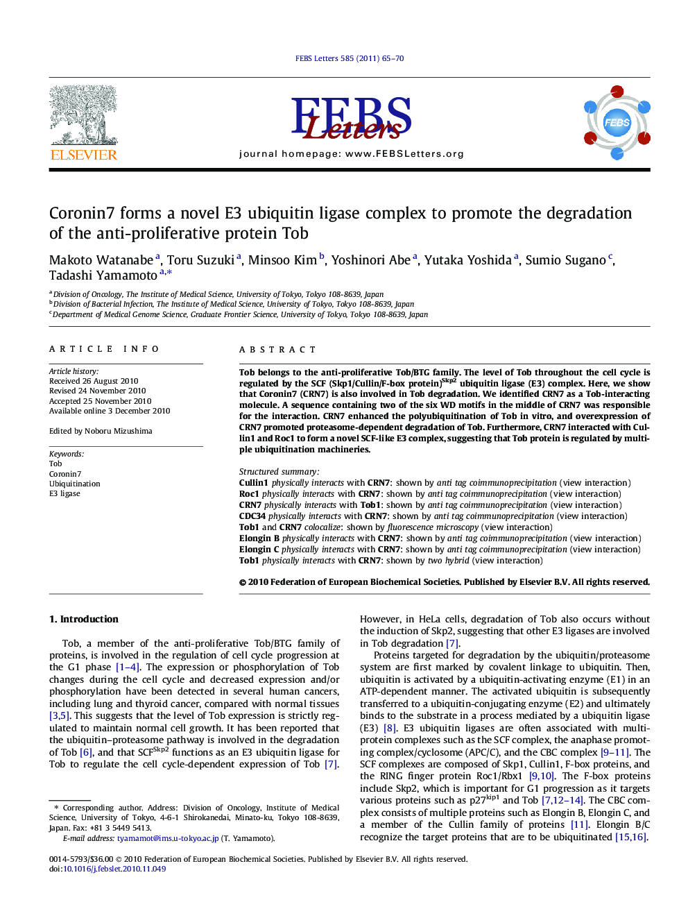 Coronin7 forms a novel E3 ubiquitin ligase complex to promote the degradation of the anti-proliferative protein Tob