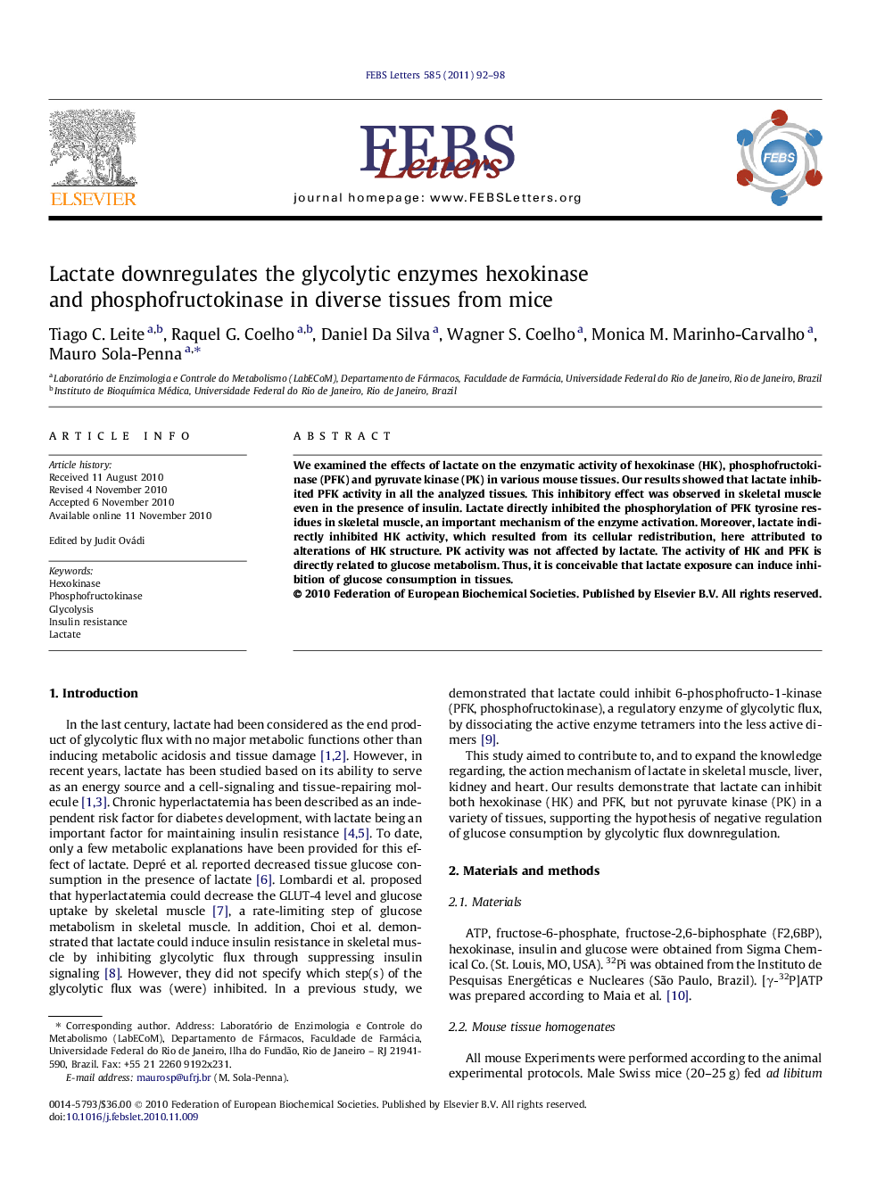 Lactate downregulates the glycolytic enzymes hexokinase and phosphofructokinase in diverse tissues from mice