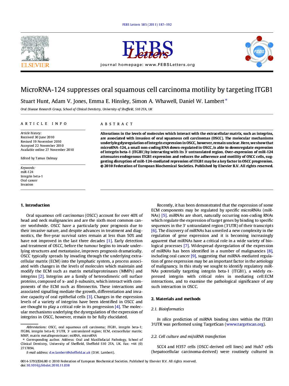 MicroRNA-124 suppresses oral squamous cell carcinoma motility by targeting ITGB1