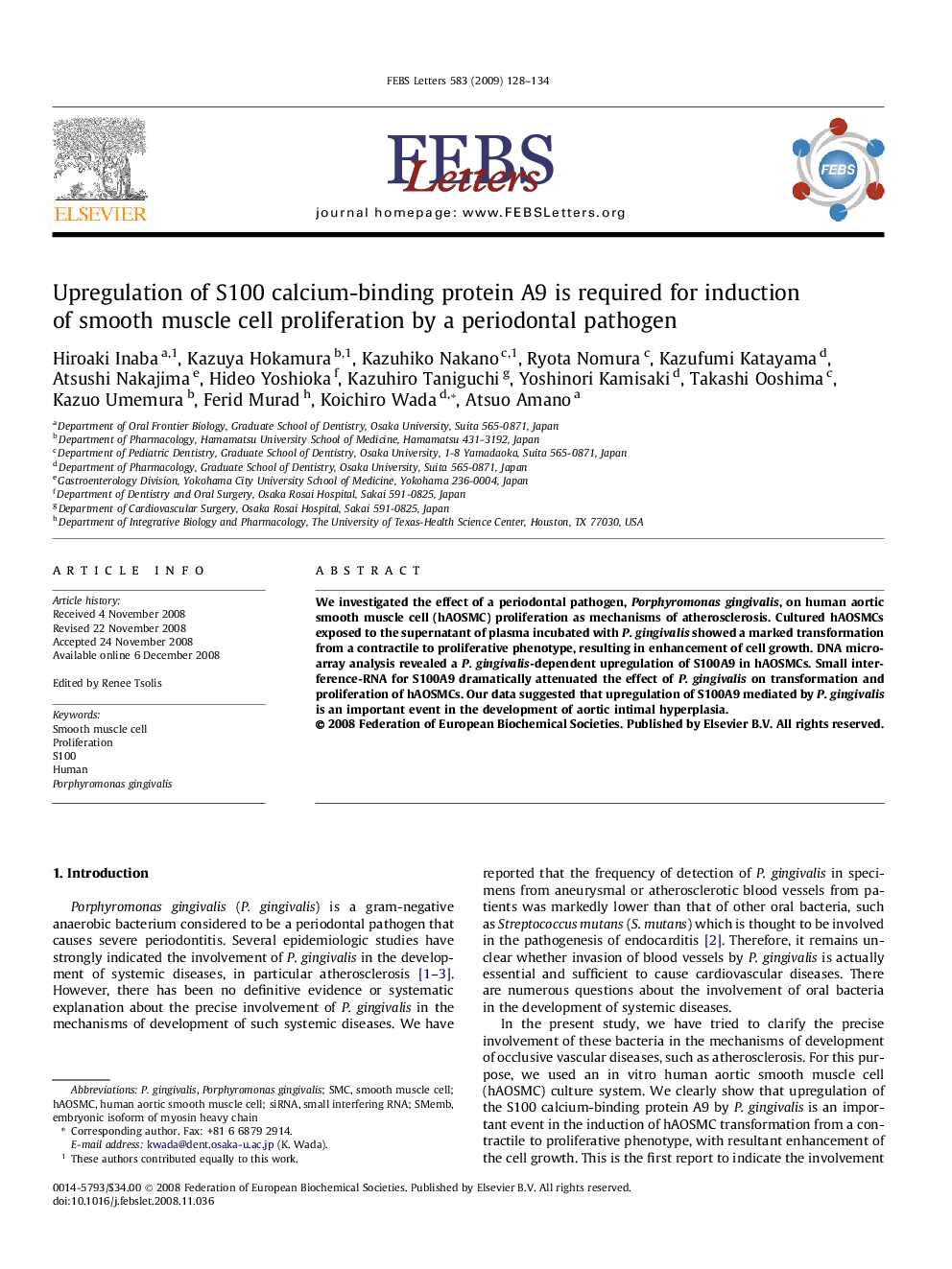 Upregulation of S100 calcium-binding protein A9 is required for induction of smooth muscle cell proliferation by a periodontal pathogen