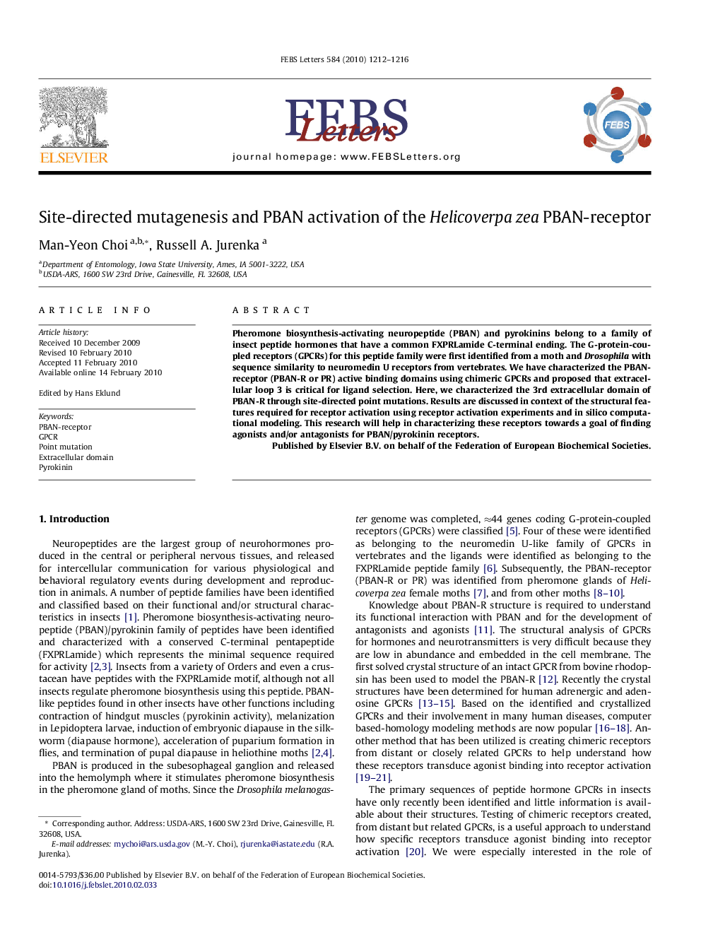 Site-directed mutagenesis and PBAN activation of the Helicoverpa zea PBAN-receptor