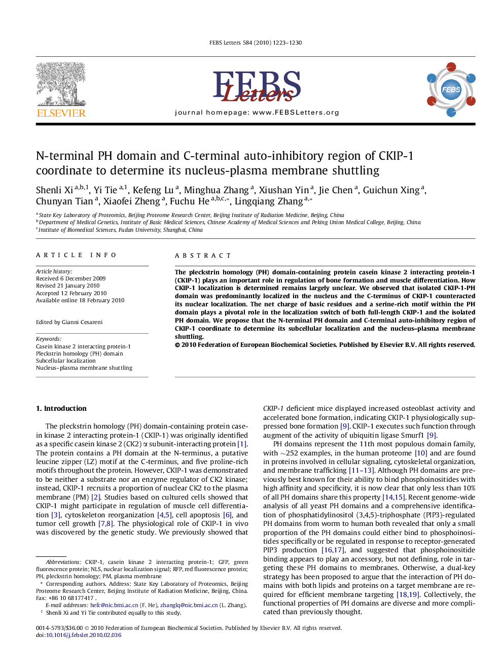 N-terminal PH domain and C-terminal auto-inhibitory region of CKIP-1 coordinate to determine its nucleus-plasma membrane shuttling