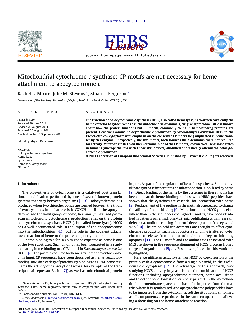 Mitochondrial cytochrome c synthase: CP motifs are not necessary for heme attachment to apocytochrome c