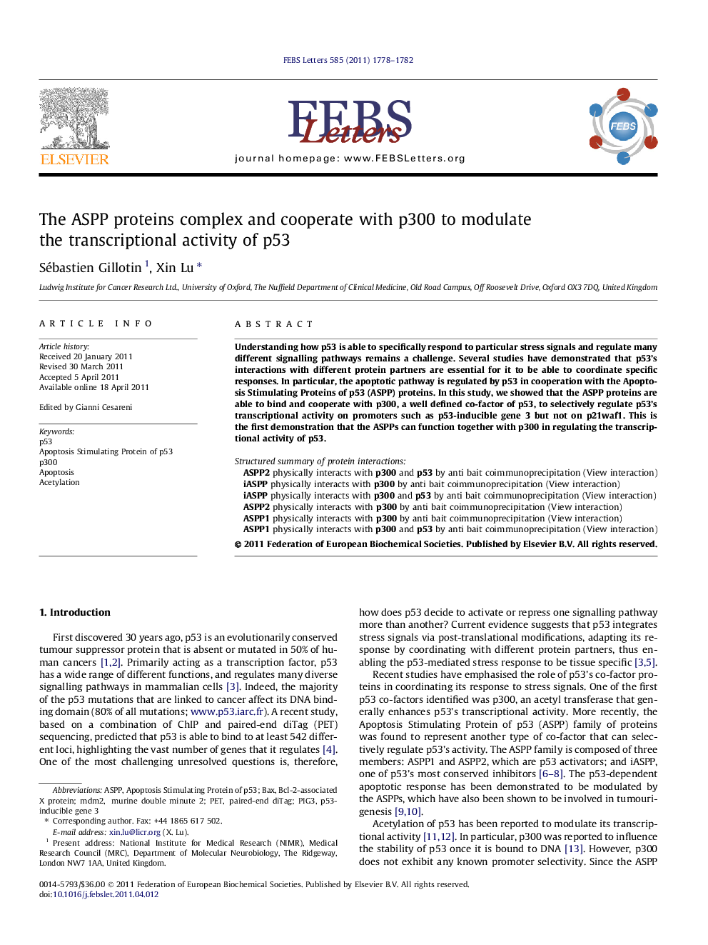 The ASPP proteins complex and cooperate with p300 to modulate the transcriptional activity of p53