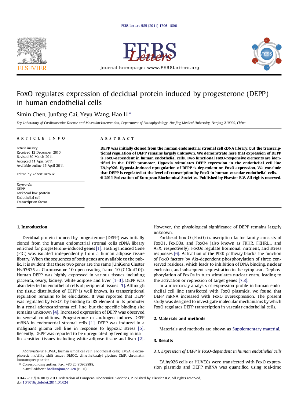 FoxO regulates expression of decidual protein induced by progesterone (DEPP) in human endothelial cells