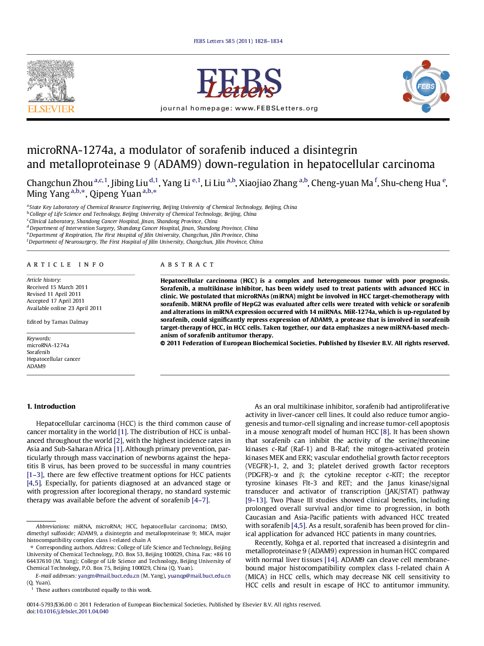 microRNA-1274a, a modulator of sorafenib induced a disintegrin and metalloproteinase 9 (ADAM9) down-regulation in hepatocellular carcinoma