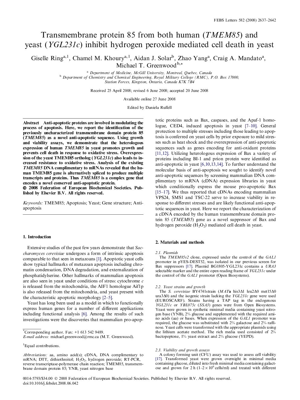 Transmembrane protein 85 from both human (TMEM85) and yeast (YGL231c) inhibit hydrogen peroxide mediated cell death in yeast