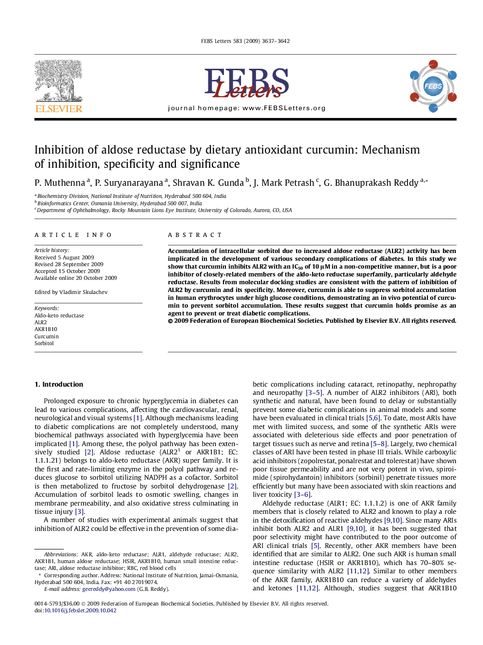 Inhibition of aldose reductase by dietary antioxidant curcumin: Mechanism of inhibition, specificity and significance