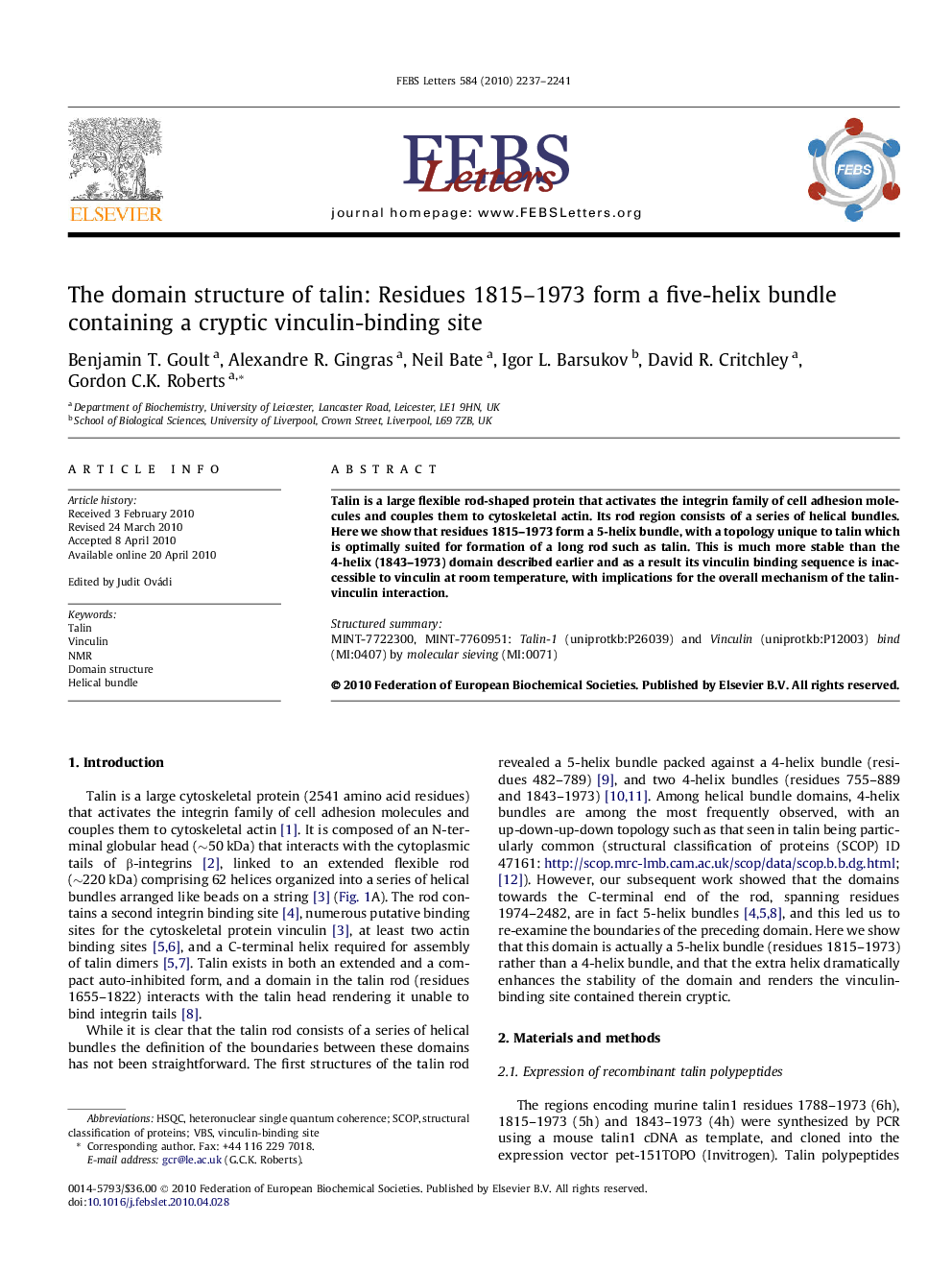 The domain structure of talin: Residues 1815-1973 form a five-helix bundle containing a cryptic vinculin-binding site