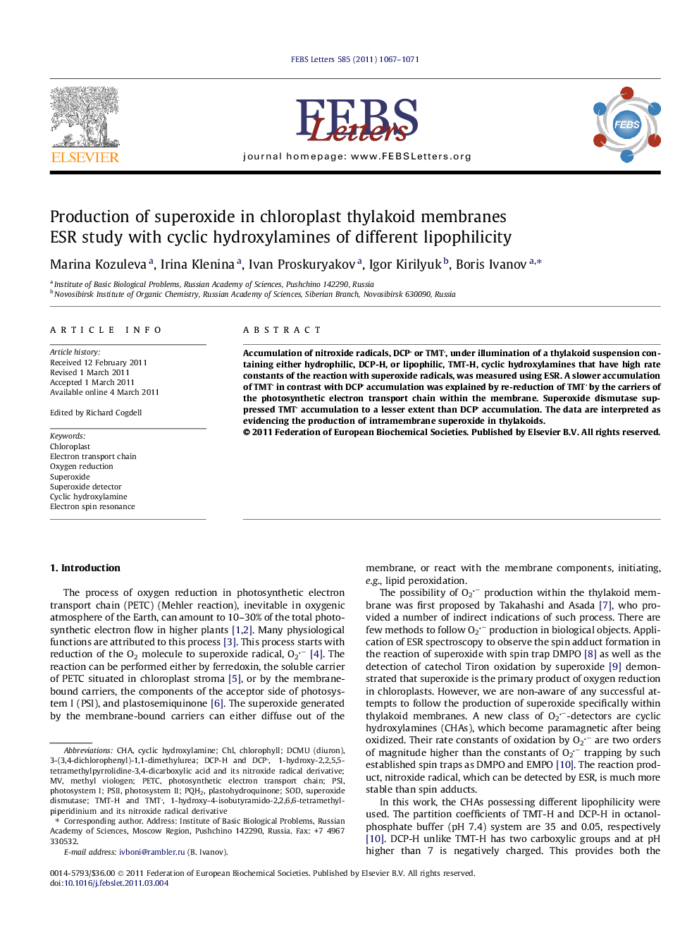 Production of superoxide in chloroplast thylakoid membranes