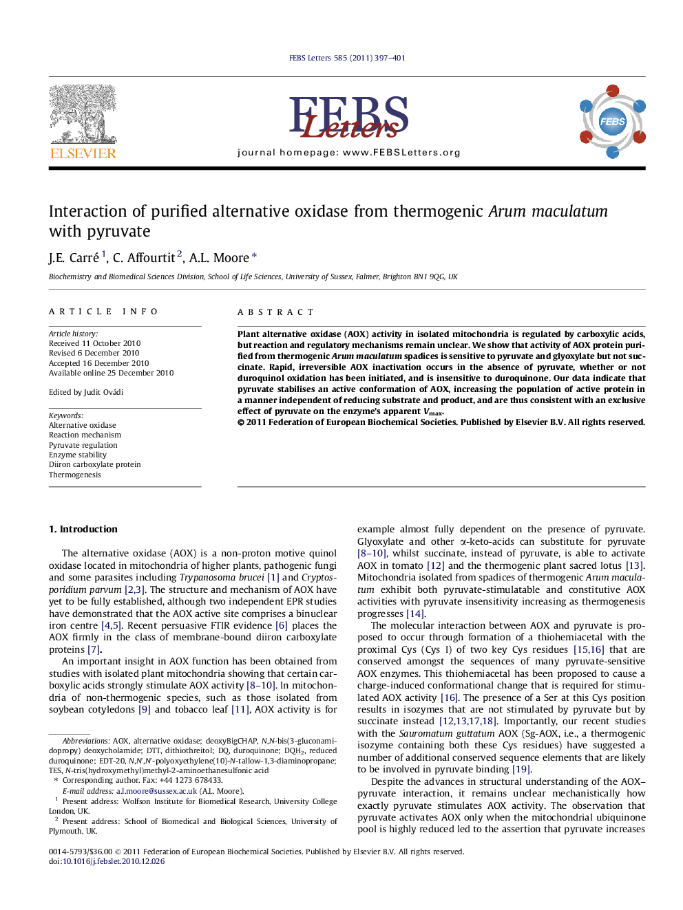 Interaction of purified alternative oxidase from thermogenic Arum maculatum with pyruvate