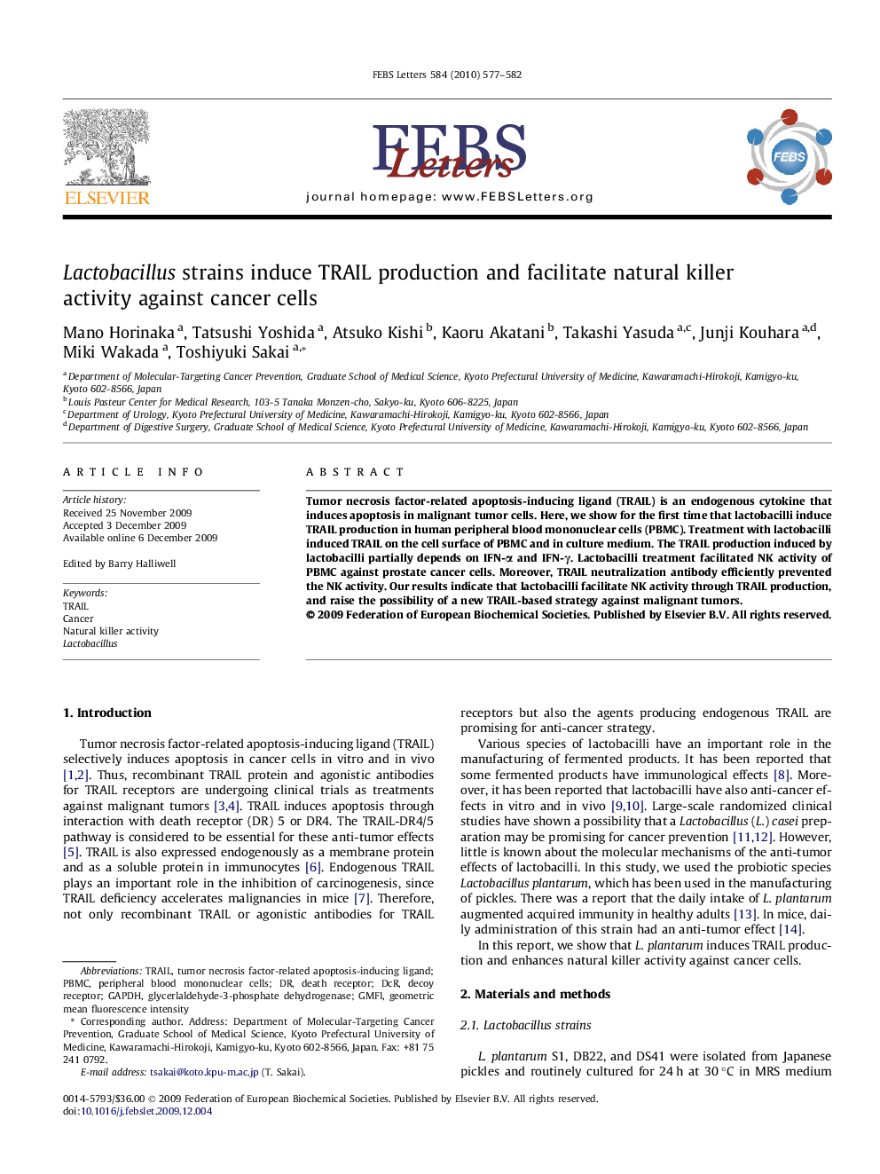 Lactobacillus strains induce TRAIL production and facilitate natural killer activity against cancer cells