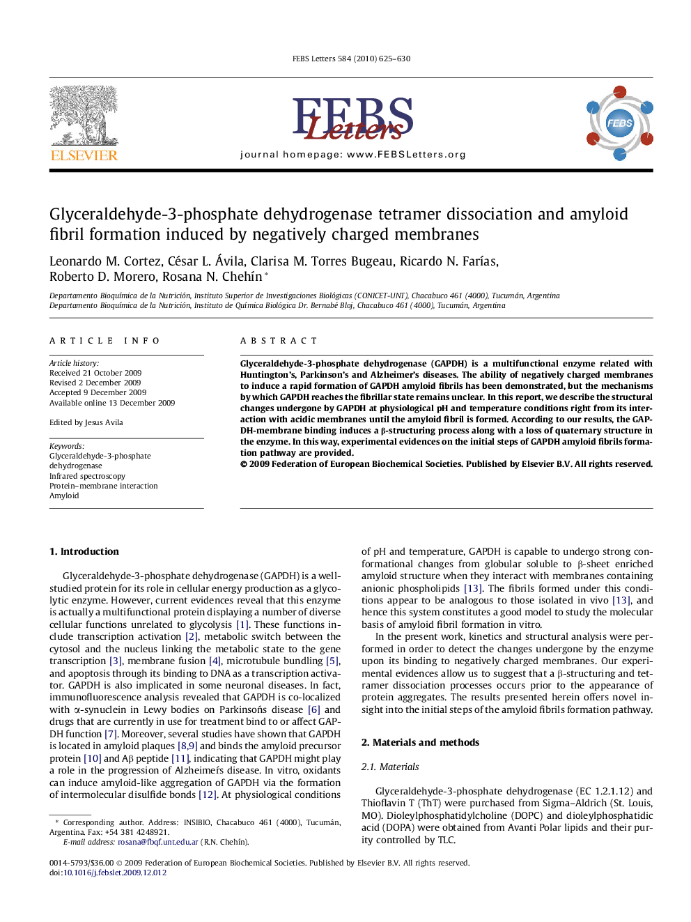 Glyceraldehyde-3-phosphate dehydrogenase tetramer dissociation and amyloid fibril formation induced by negatively charged membranes