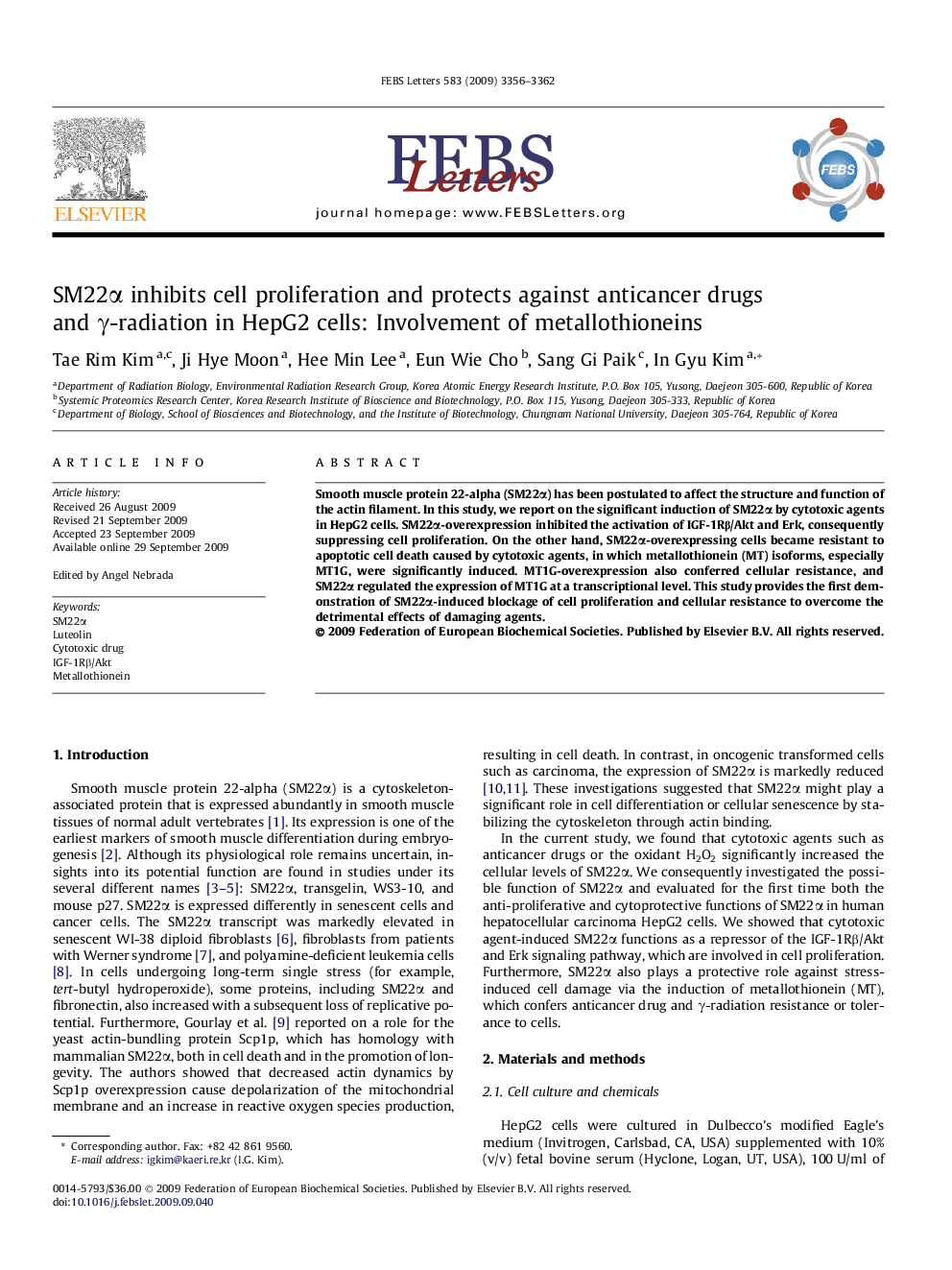 SM22Î± inhibits cell proliferation and protects against anticancer drugs and Î³-radiation in HepG2 cells: Involvement of metallothioneins