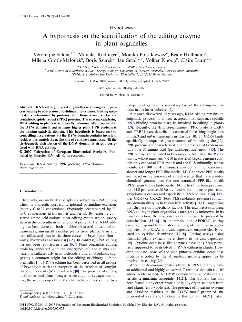 A hypothesis on the identification of the editing enzyme in plant organelles