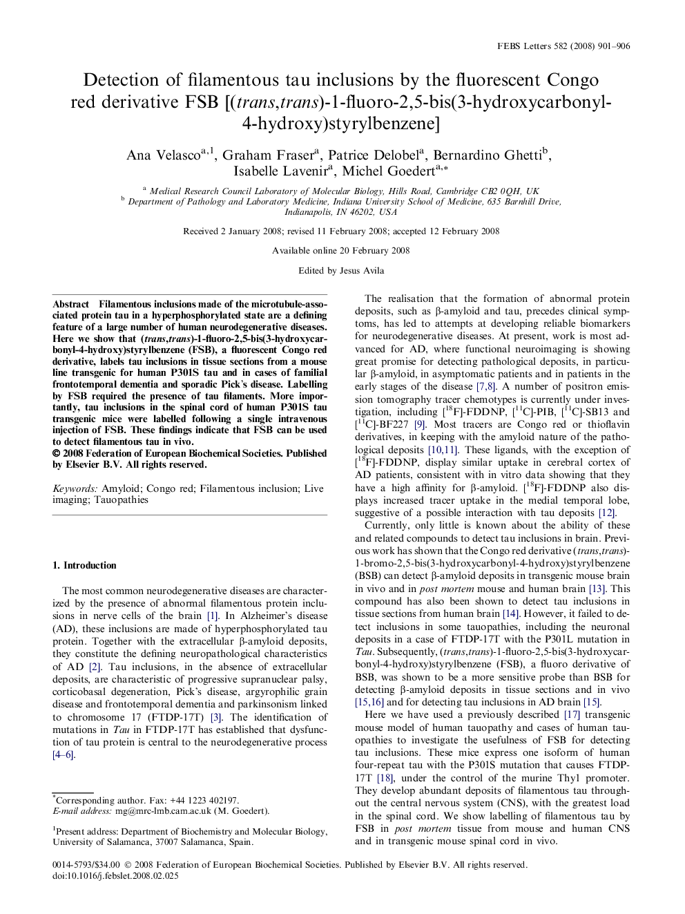 Detection of filamentous tau inclusions by the fluorescent Congo red derivative FSB [(trans,trans)-1-fluoro-2,5-bis(3-hydroxycarbonyl-4-hydroxy)styrylbenzene]