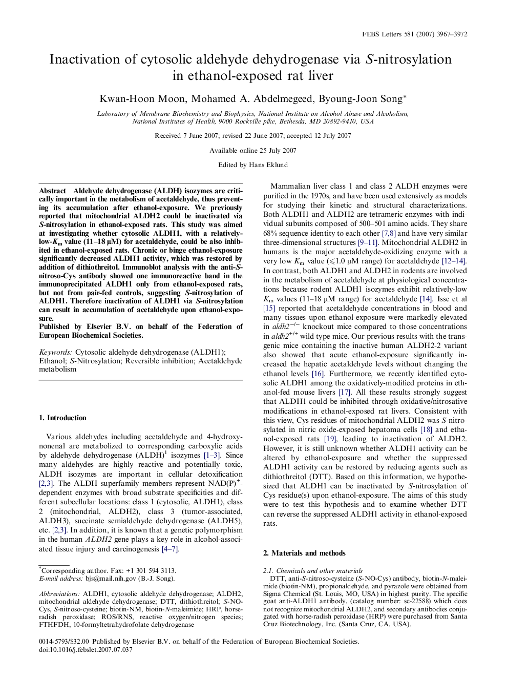 Inactivation of cytosolic aldehyde dehydrogenase via S-nitrosylation in ethanol-exposed rat liver