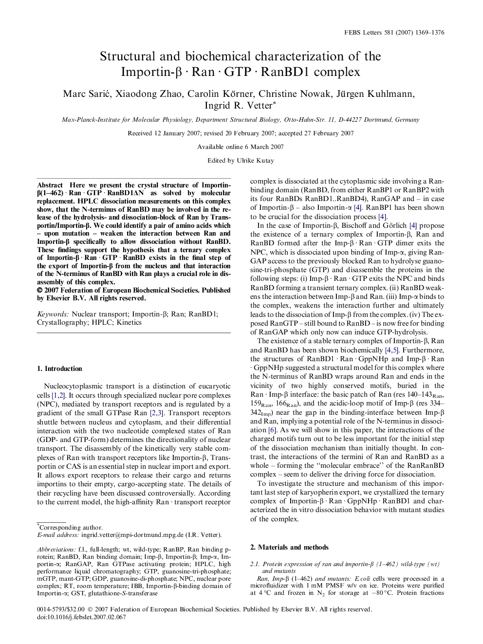 Structural and biochemical characterization of the Importin-Î²Â Â·Â RanÂ Â·Â GTPÂ Â·Â RanBD1 complex
