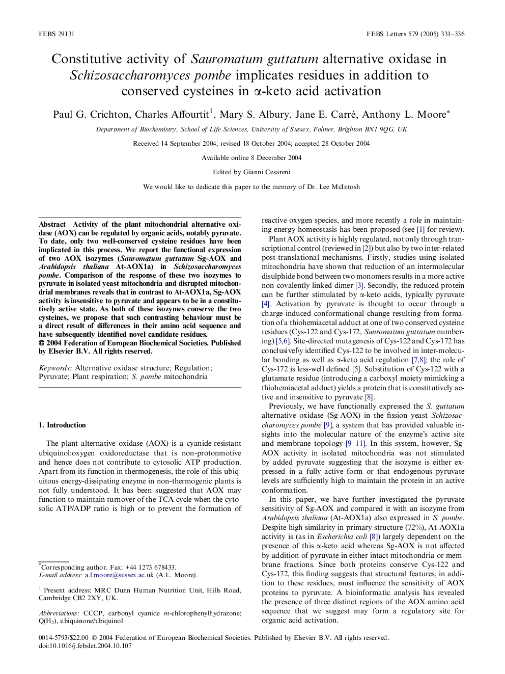 Constitutive activity of Sauromatum guttatum alternative oxidase in Schizosaccharomyces pombe implicates residues in addition to conserved cysteines in Î±-keto acid activation