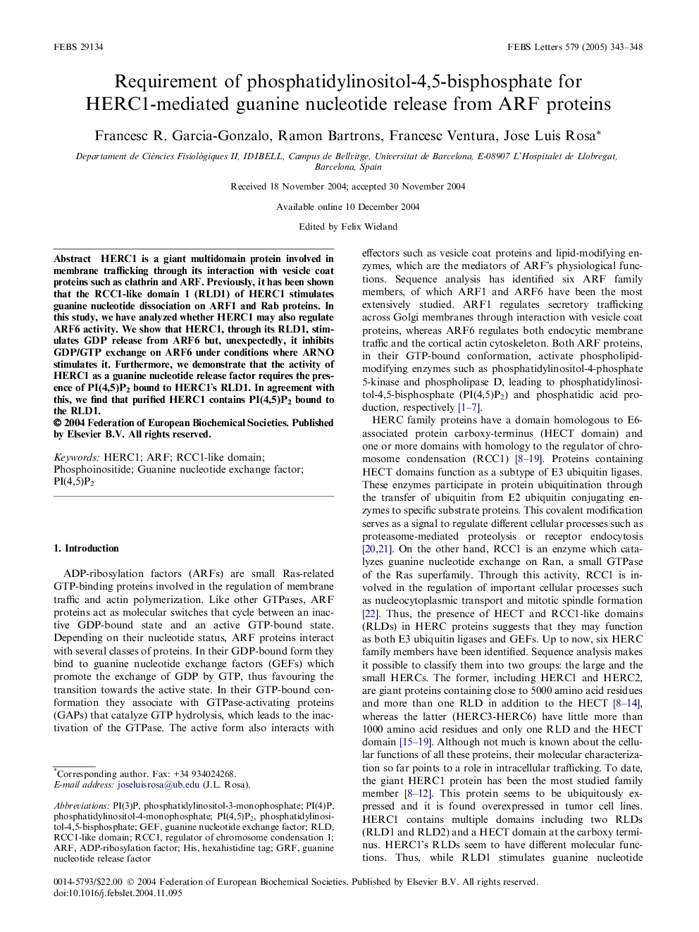 عکس صفحه اول مقاله: Requirement of phosphatidylinositol-4,5-bisphosphate for HERC1-mediated guanine nucleotide release from ARF proteins Requirement of phosphatidylinositol-4,5-bisphosphate for HERC1-mediated guanine nucleotide release from ARF proteins