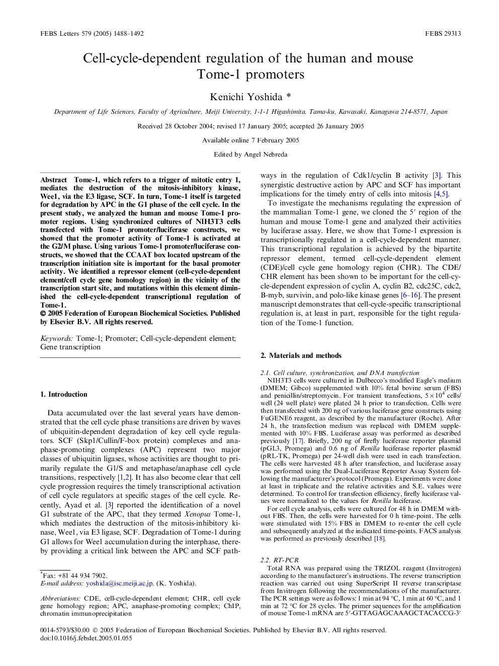 Cell-cycle-dependent regulation of the human and mouse Tome-1 promoters