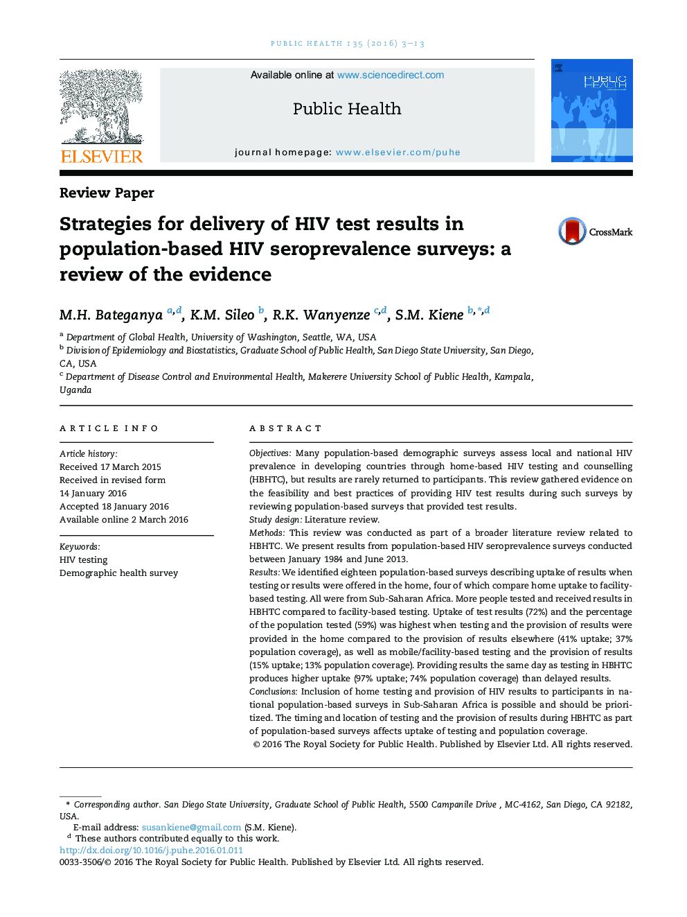 استراتژی برای رسیدن به نتایج آزمایش HIV در بررسی شیوع سرمی HIV مبتنی بر جمعیت: یک بررسی از شواهد