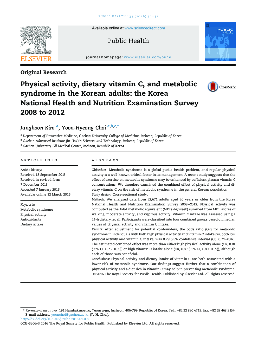 فعالیت بدنی، ویتامین C در رژیم غذایی و سندرم متابولیک در بزرگسالان کره ای: بهداشت ملی کره و بررسی آزمایشی تغذیه 2008-2012