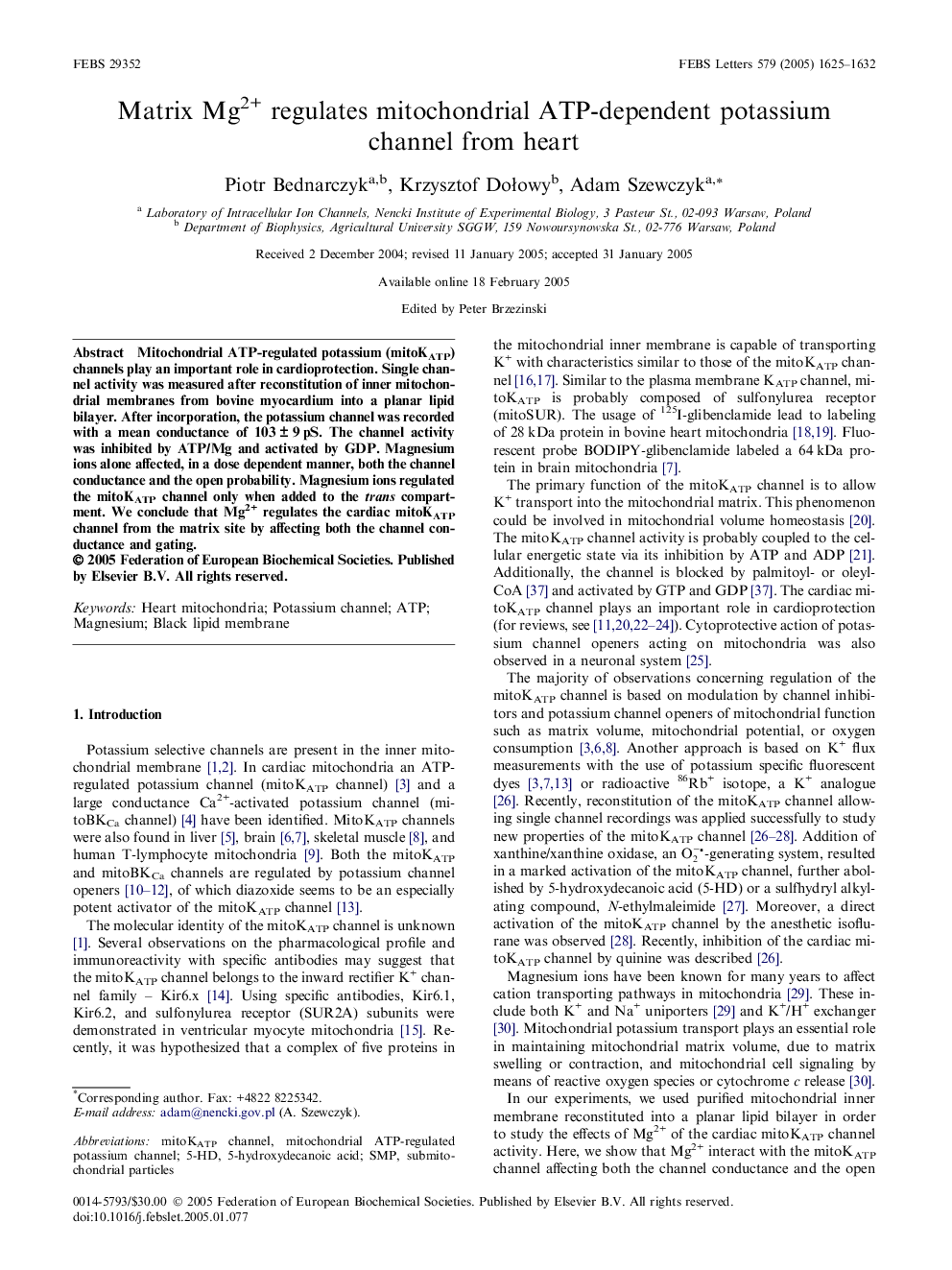 Matrix Mg2+ regulates mitochondrial ATP-dependent potassium channel from heart