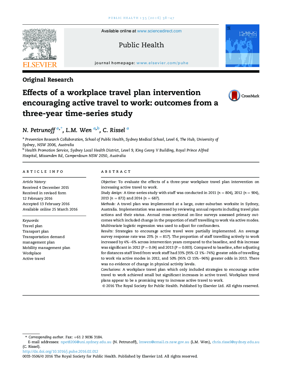 Effects of a workplace travel plan intervention encouraging active travel to work: outcomes from a three-year time-series study