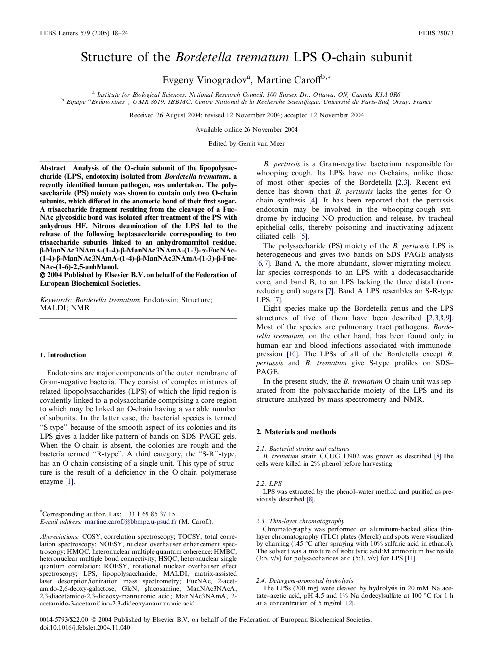 Structure of the Bordetella trematum LPS O-chain subunit