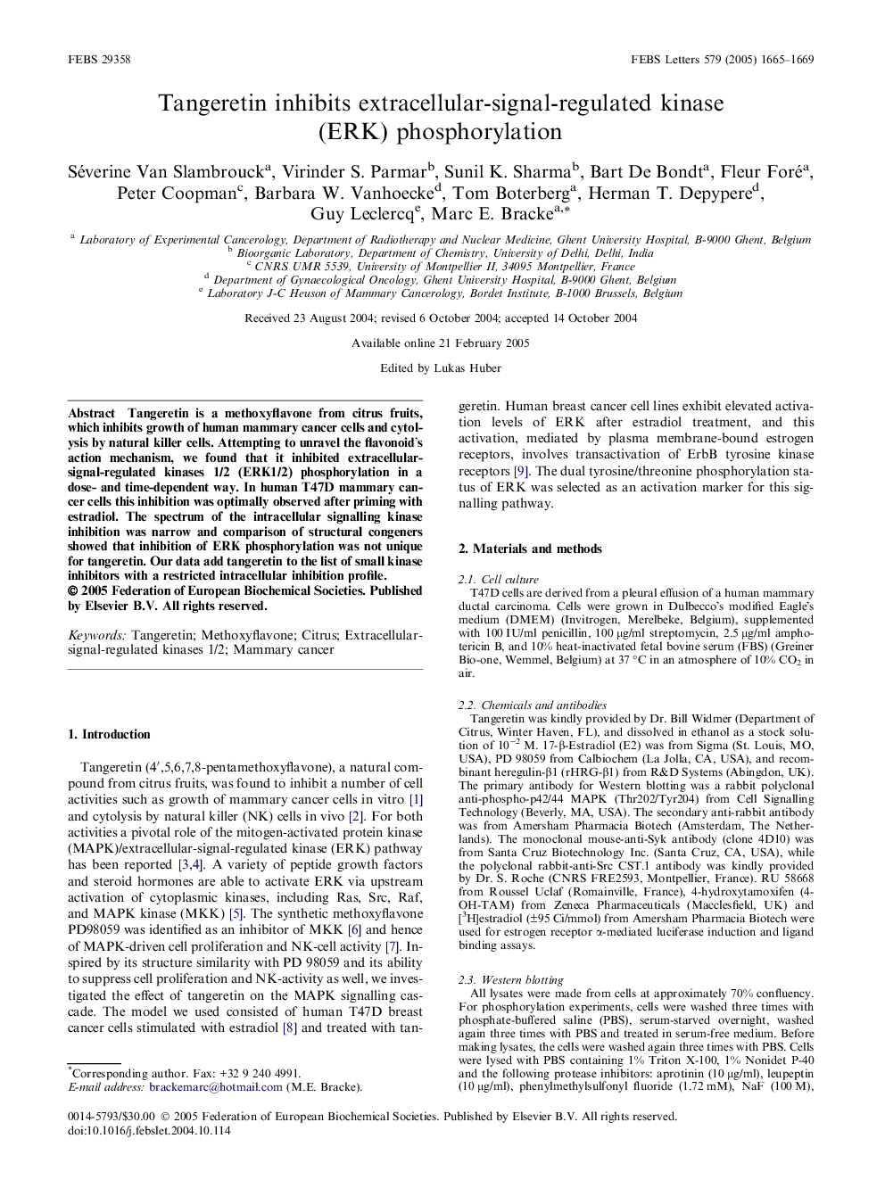 Tangeretin inhibits extracellular-signal-regulated kinase (ERK) phosphorylation