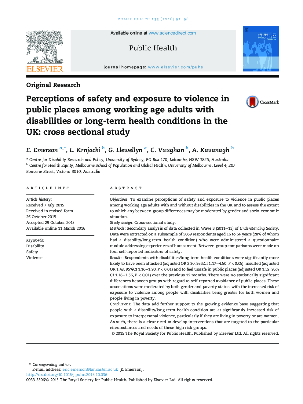 Perceptions of safety and exposure to violence in public places among working age adults with disabilities or long-term health conditions in the UK: cross sectional study