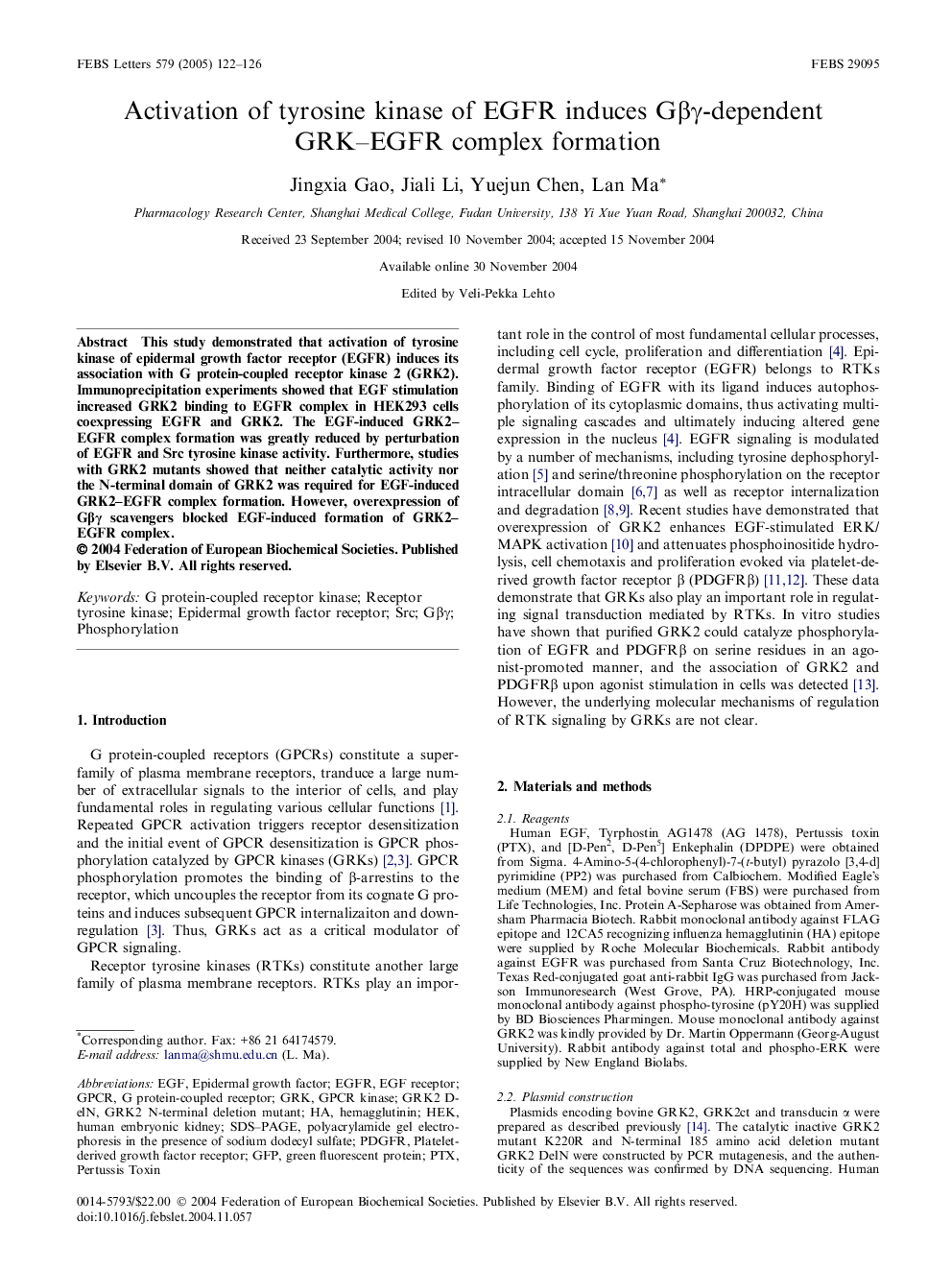 Activation of tyrosine kinase of EGFR induces GÎ²Î³-dependent GRK-EGFR complex formation