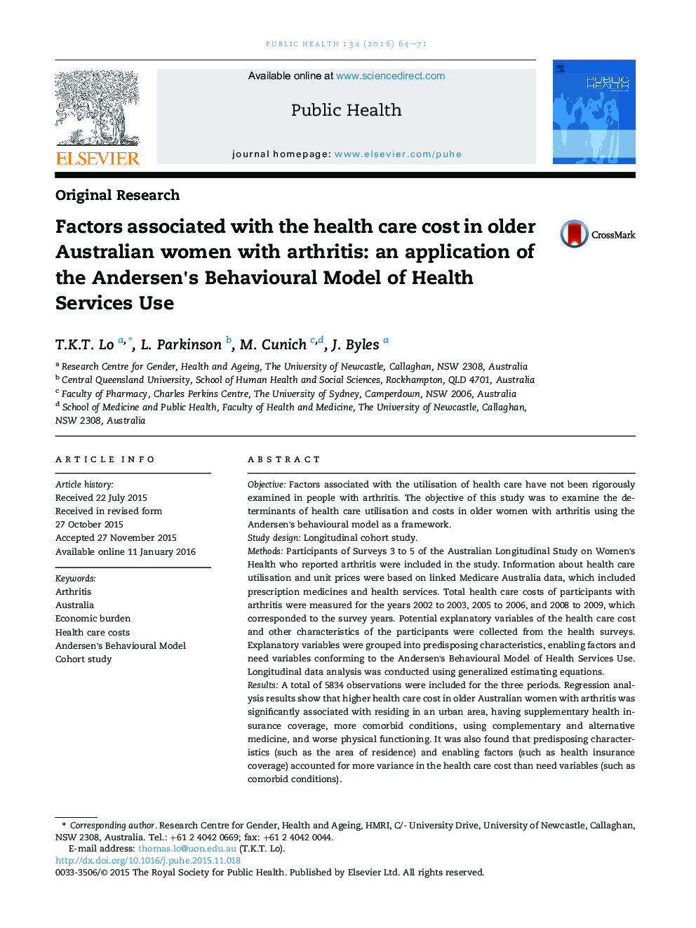 Factors associated with the health care cost in older Australian women with arthritis: an application of the Andersen's Behavioural Model of Health Services Use