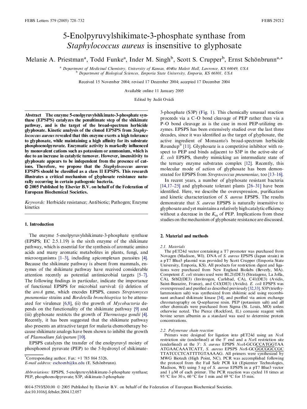 عکس صفحه اول مقاله: 5-Enolpyruvylshikimate-3-phosphate synthase from Staphylococcus aureus is insensitive to glyphosate 5-Enolpyruvylshikimate-3-phosphate synthase from Staphylococcus aureus is insensitive to glyphosate