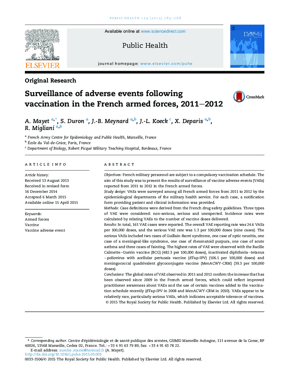 نظارت بر وقوع حوادث پس از واکسیناسیون در نیروهای مسلح فرانسه، 2011-2012