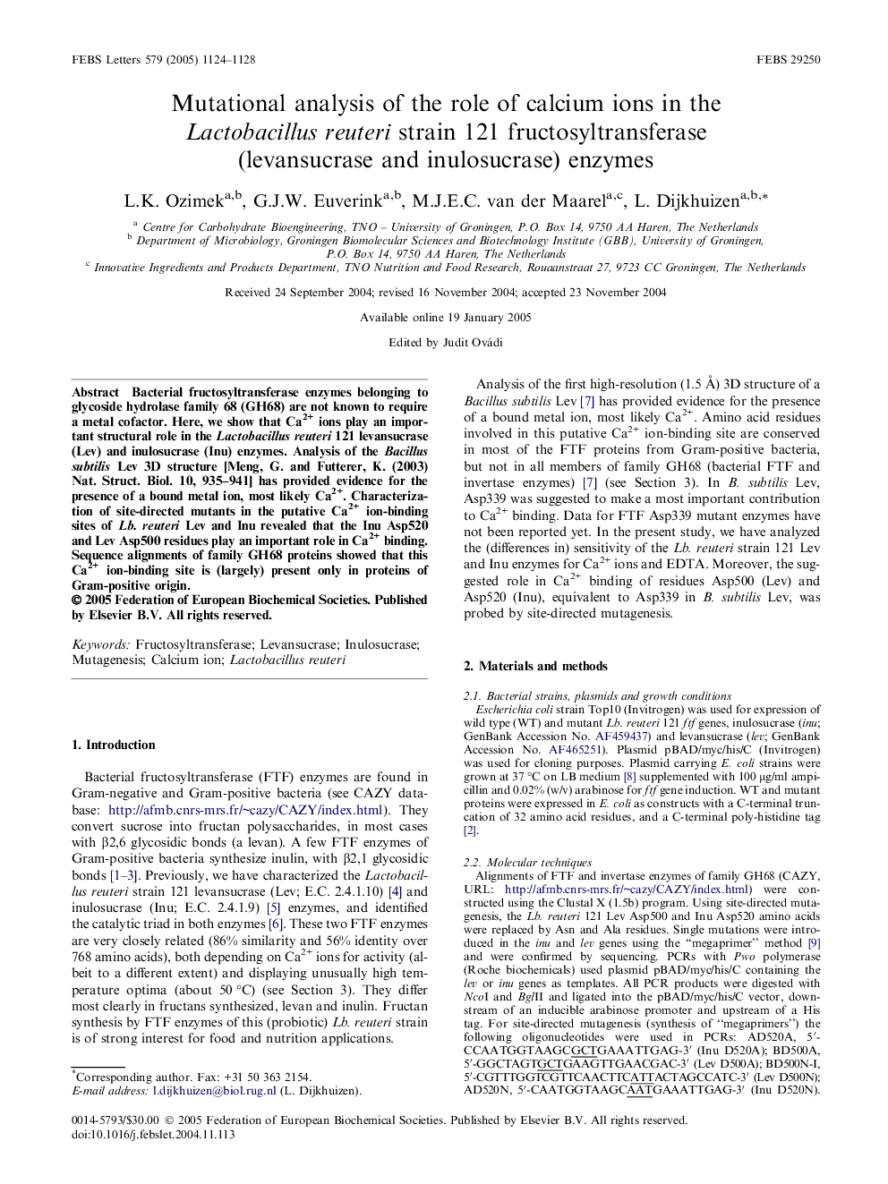 Mutational analysis of the role of calcium ions in the Lactobacillus reuteri strain 121 fructosyltransferase (levansucrase and inulosucrase) enzymes