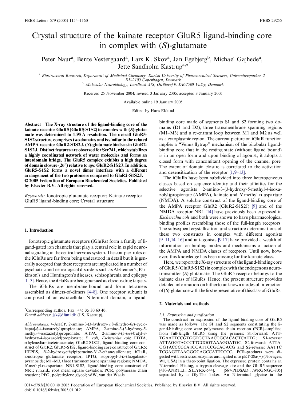 Crystal structure of the kainate receptor GluR5 ligand-binding core in complex with (S)-glutamate