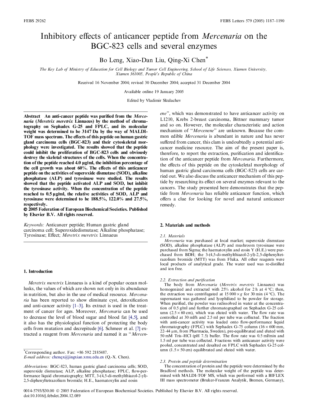 Inhibitory effects of anticancer peptide from Mercenaria on the BGC-823 cells and several enzymes