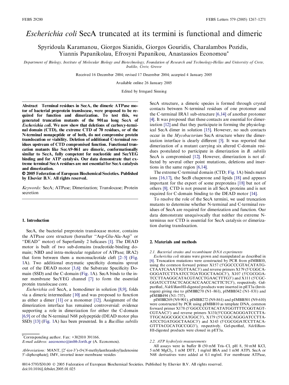 Escherichia coli SecA truncated at its termini is functional and dimeric