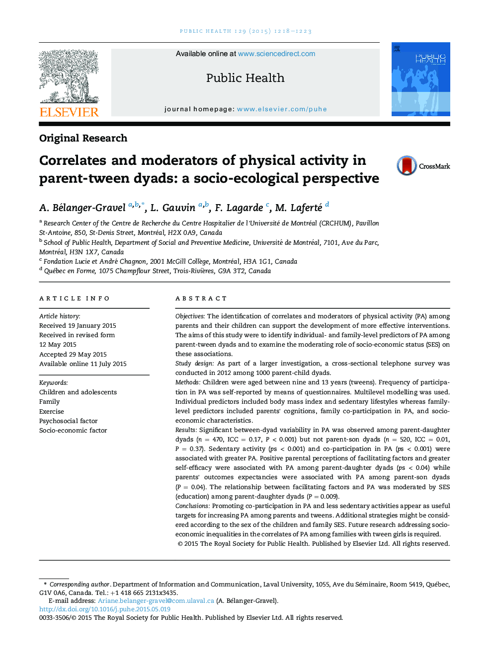 Correlates and moderators of physical activity in parent-tween dyads: a socio-ecological perspective